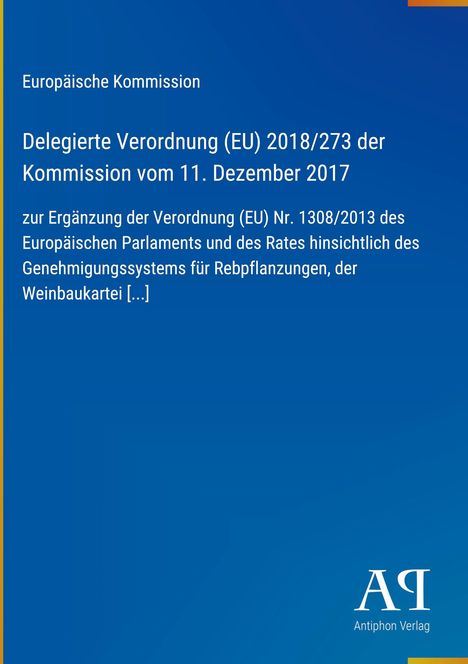 Text über EU-Verordnung 2018/273 zur Ergänzung der Verordnung 1308/2013. Blaues Design mit Verlag-Logo.