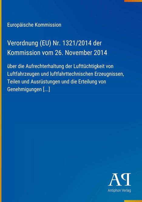 Text über EU-Verordnung zur Lufttüchtigkeit. Blaues Cover mit Verlagslogo "Antiphon Verlag" unten rechts.