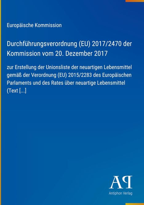 Oben steht: "Europäische Kommission". Unten "Antiphon Verlag". Blauer Hintergrund.