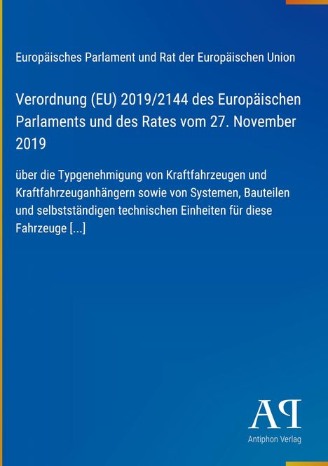 "Verordnung (EU) 2019/2144 des Europäischen Parlaments und des Rates vom 27. November 2019" auf blauem Hintergrund.