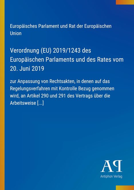 Text der Verordnung (EU) 2019/1243 des Europäischen Parlaments, blaues Cover, Logo unten rechts.