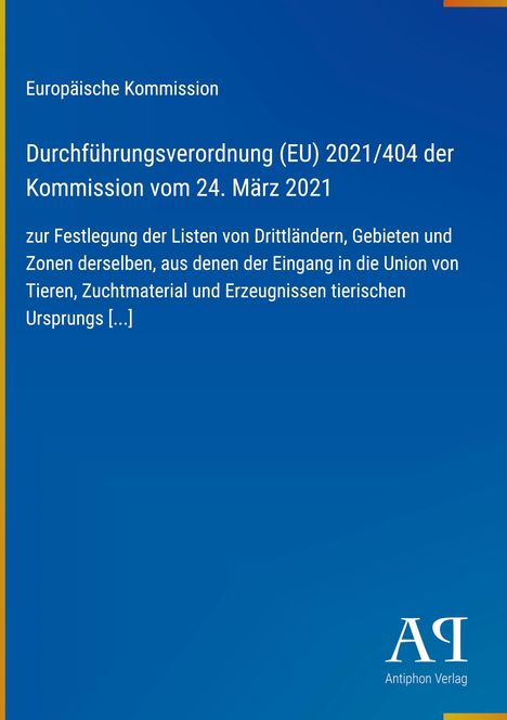 Texts on a blue background, mentioning EU regulation and animal products, with a small publisher logo.