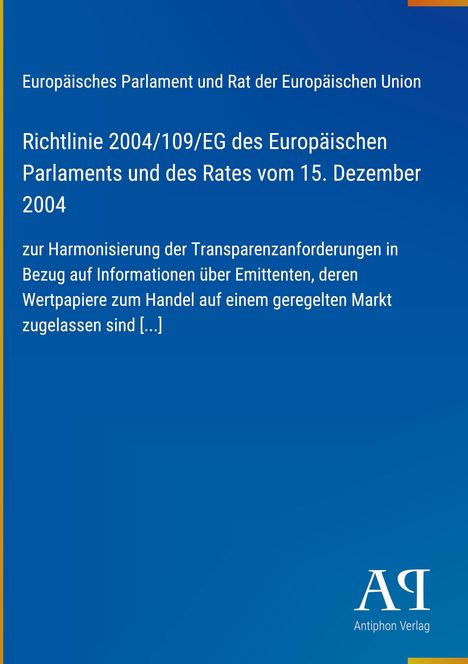 Als Illustration: Text besagt EU-Richtlinie 2004/109/EG zur Transparenz der Wertpapiere. Blaues Design, Logo unten rechts.