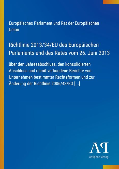 Europäische Richtlinie 2013/34/EU über Jahresabschluss; blaues, minimalistisches Design mit Antiphon Verlag Logo.