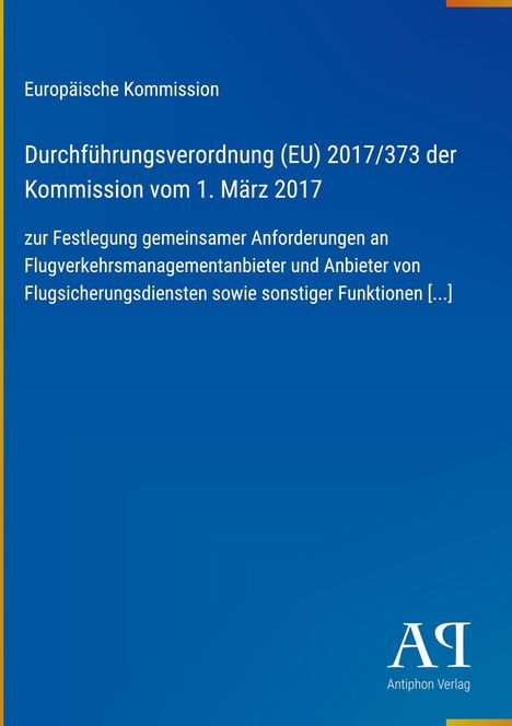 EU-Verordnung: Festlegung gemeinsamer Anforderungen im Flugverkehrsmanagement. Blauer Hintergrund, Verlag-Logo.