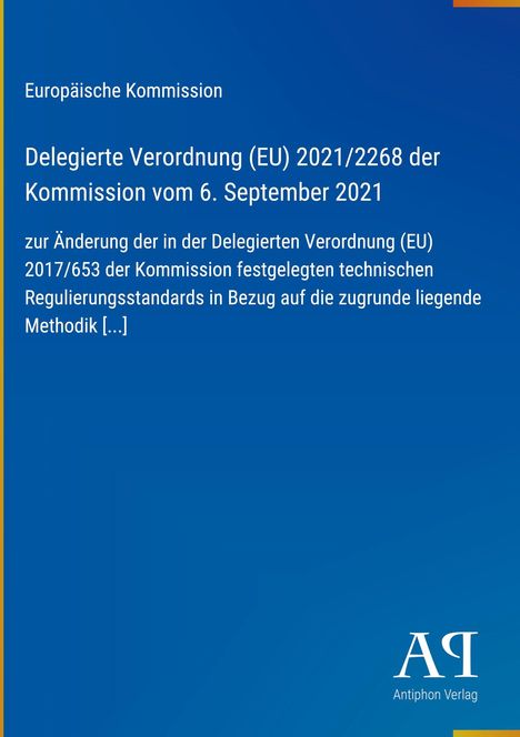 Text über EU-Verordnung von 2021. Blaues Design mit gelbem Rand; unten Logo von "Antiphon Verlag".
