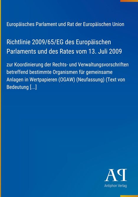 Text: "Europäisches Parlament und Rat der Europäischen Union" und "Richtlinie 2009/65/EG". Blaues Cover mit Verlag-Logo.