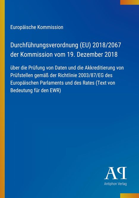 Text über EU-Durchführungsverordnung von 2018. Blau-gelber Hintergrund mit Logo und Verlagsname unten.