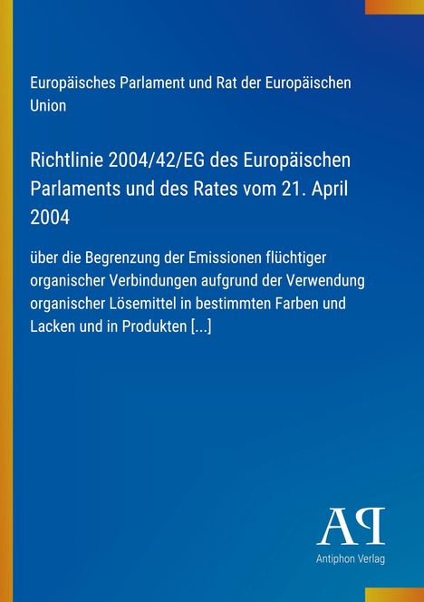 Text über EU-Richtlinie zu Emissionen flüchtiger organischer Verbindungen. Hintergrund in Blau mit gelben Balken links.