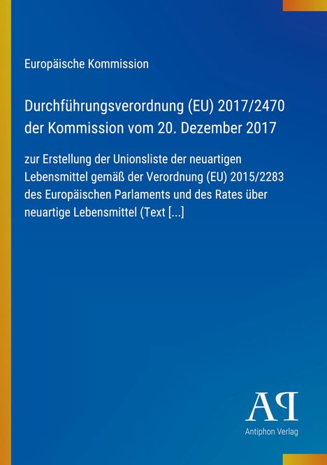 Text über EU-Verordnung zu neuartigen Lebensmitteln auf blauem Hintergrund, links gelber Streifen, unten Verlagslogo.