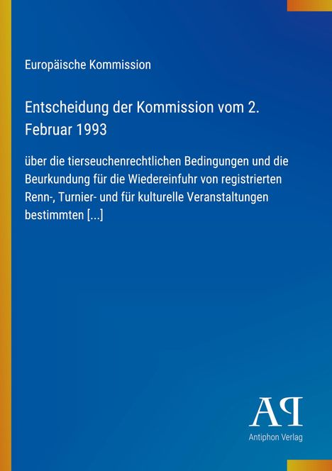 "Entscheidung der Kommission vom 2. Februar 1993" steht prominent. Blauer Hintergrund mit gelben Streifen seitlich.