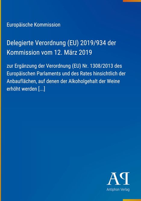 Text: "Europäische Kommission, Delegierte Verordnung (EU) 2019/934 der Kommission vom 12. März 2019 [...]", blauer Hintergrund.
