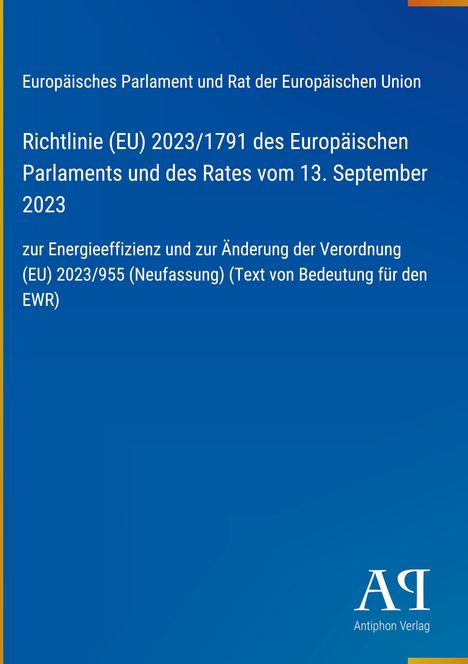 Text der Richtlinie (EU) 2023/1791 zur Energieeffizienz vor blauem Hintergrund mit Antiphon Verlag Logo.