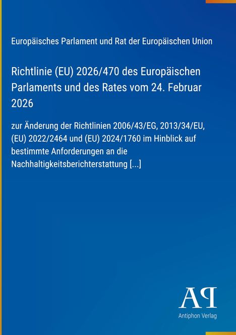Text über EU-Richtlinie von 2026, blaues Design, Logo "AV" unten rechts, und "Antiphon Verlag" darunter.
