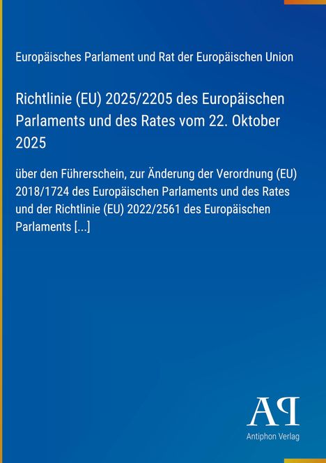 Blauer Hintergrund mit Text zur EU-Richtlinie über Führerscheinänderungen und ein weißes Logo unten rechts.