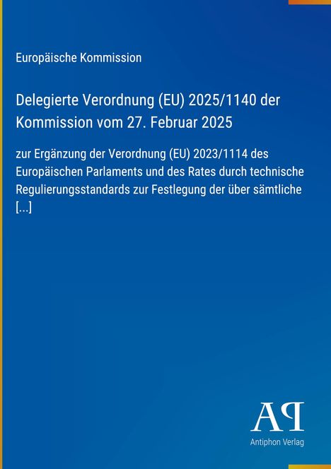 Text über EU-Verordnung auf blauem Hintergrund, oben linke Ecke: "Europäische Kommission". Unten rechts ein Logo "AR".
