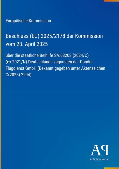Europäische Kommission, Beschluss (EU) 2025/2178 der Kommission. Logo unten rechts. Hintergrund in Blau.