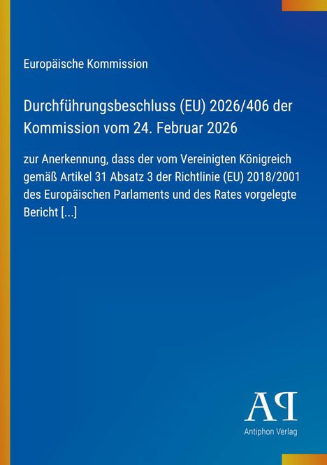 „Durchführungsbeschluss (EU) 2026/406 der Kommission vom 24. Februar 2026“ steht auf blauem Hintergrund.