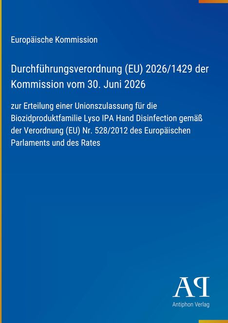 Europäische Kommission, Verordnung (EU) 2026/1429, Antiphon Verlag Logo, blauer Hintergrund mit weißem Text.