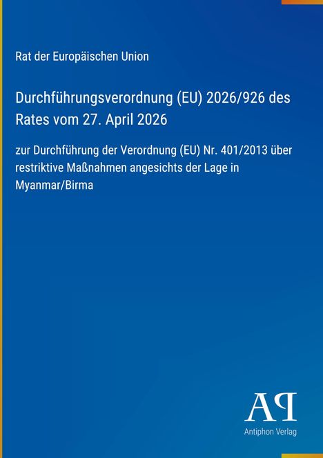 "Durchführungsverordnung (EU) 2026/926 des Rates vom 27. April 2026" auf blauem Hintergrund, mit EU- und Verlagsnamen.
