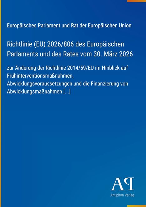 Richtlinie (EU) 2026/806, Europäisches Parlament, Änderung 2014/59/EU. Blauer Hintergrund mit Verlag-Logo unten rechts.