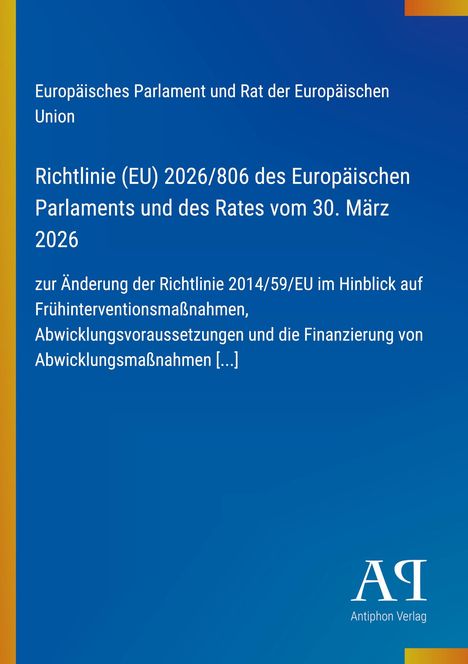 Text: "Europäisches Parlament und Rat der Europäischen Union", "Richtlinie (EU) 2026/806", blaues Design, Verlag-Logo unten.