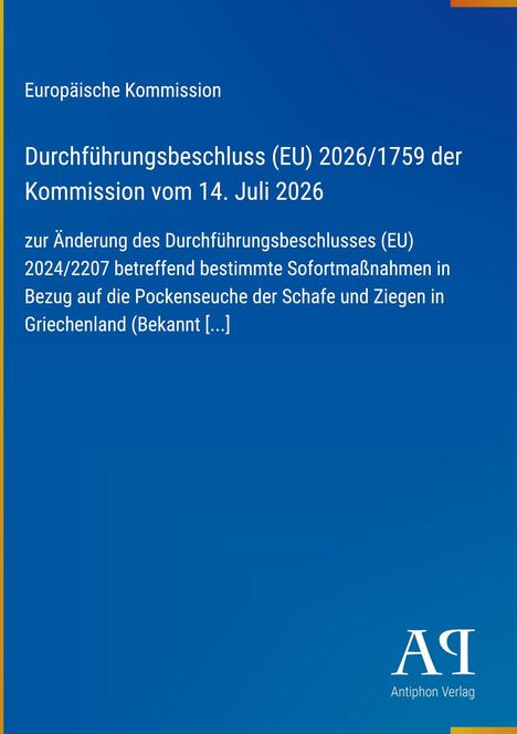 Europäische Kommission, Durchführungsbeschluss (EU) 2026/1759, Schafe und Ziegen in Griechenland. Reines blaues Design.