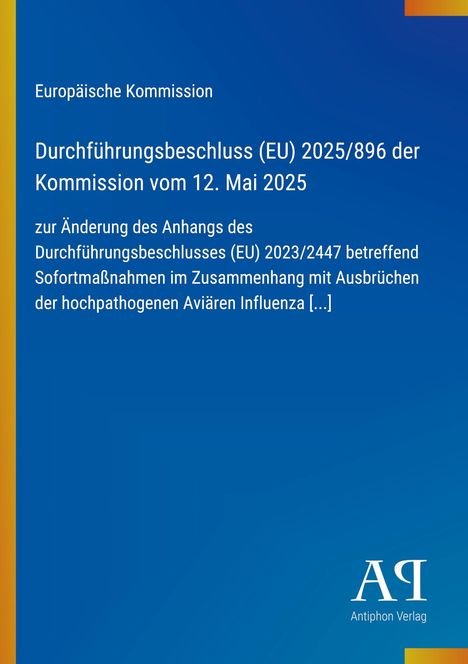 Text über einem blauen Hintergrund, oben klein „Europäische Kommission“, unten „Antiphon Verlag“ als Logo.