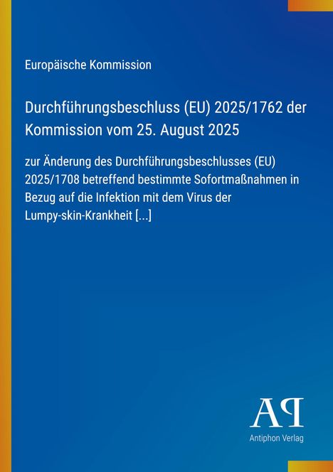 Text über EU-Durchführungsbeschluss zur Lumpy-skin-Krankheit vor blauem Hintergrund mit Logo unten.