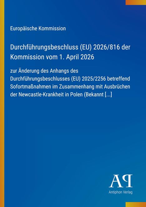 Text über EU-Durchführungsbeschluss 2026/816 zur Newcastle-Krankheit in Polen. Blauer Hintergrund, Verlagslogo.