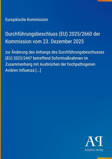 Text über EU-Durchführungsbeschluss. Blaues Layout mit goldener Linie links. Logo unten rechts.