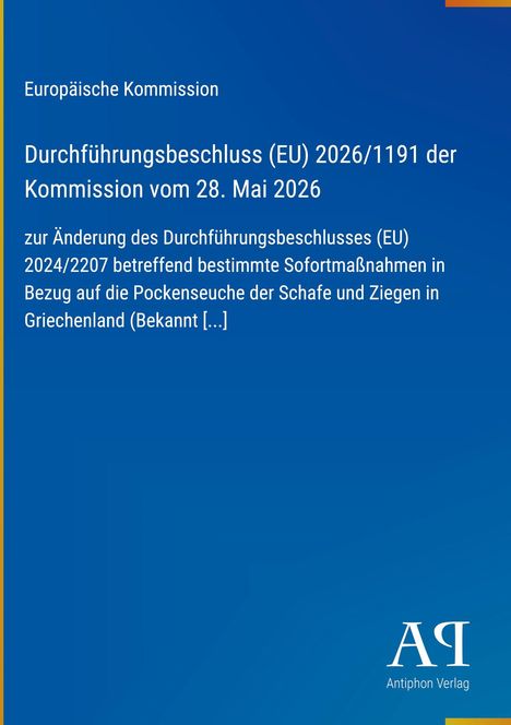 Titel: "Durchführungsbeschluss (EU) 2026/1191 der Kommission vom 28. Mai 2026" über Maßnahmen gegen die Pockenseuche. Blaues Cover.