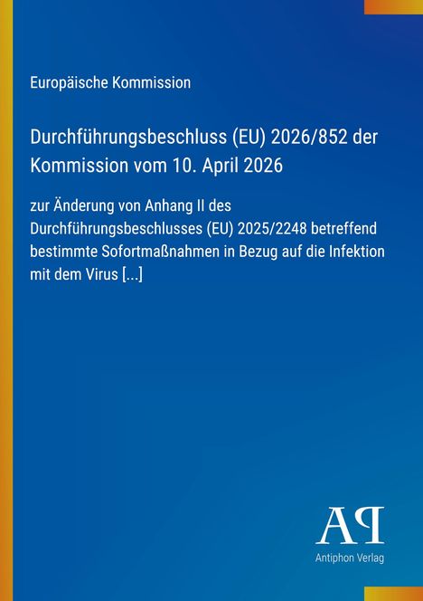 Europäische Kommission, Durchführungsbeschluss (EU) 2026/852. Blaues Layout mit gelbem Streifen links und einem Logo rechts.