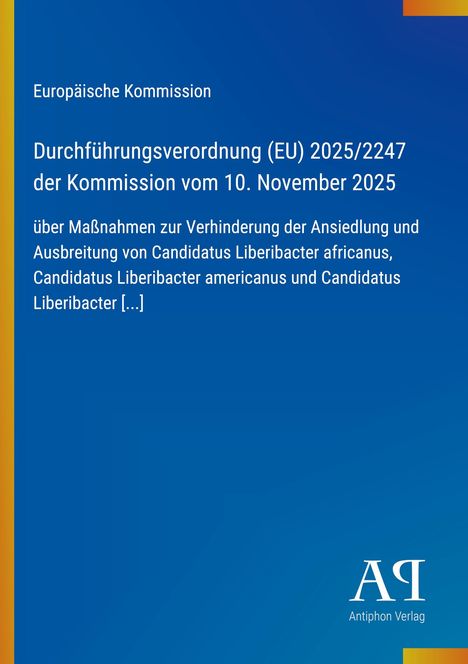 EU-Verordnung über Maßnahmen gegen Candidatus Liberibacter. Blaues Cover mit Verlagslogo unten rechts.