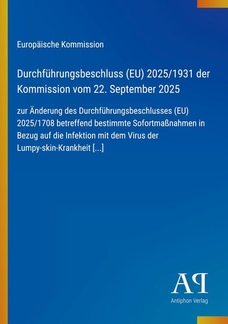 Text: "Durchführungsbeschluss (EU) 2025/1931 zur Lumpy-skin-Krankheit." Blauer Hintergrund, ein kleines Verlagslogo.