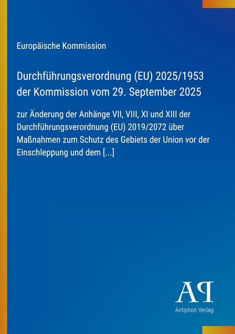 Europäische Kommission, Durchführungsverordnung (EU) 2025/1953, blaues Layout, vertikale gelbe Linie links, Logo unten.