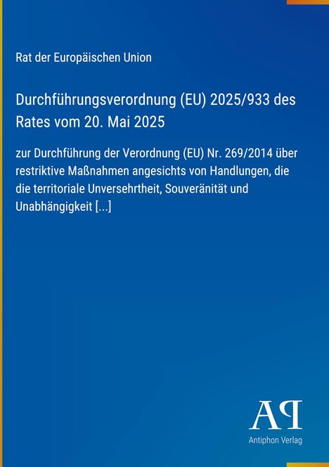 Text: Durchführung der Verordnung (EU) Nr. 269/2014. Blaues Design, oben links EU-Verweis, unten rechts "Antiphon Verlag".