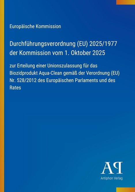Durchführungsverordnung (EU) 2025/1977 der Kommission vom 1. Oktober 2025; Blaues Cover, Antiphon Verlag Logo.