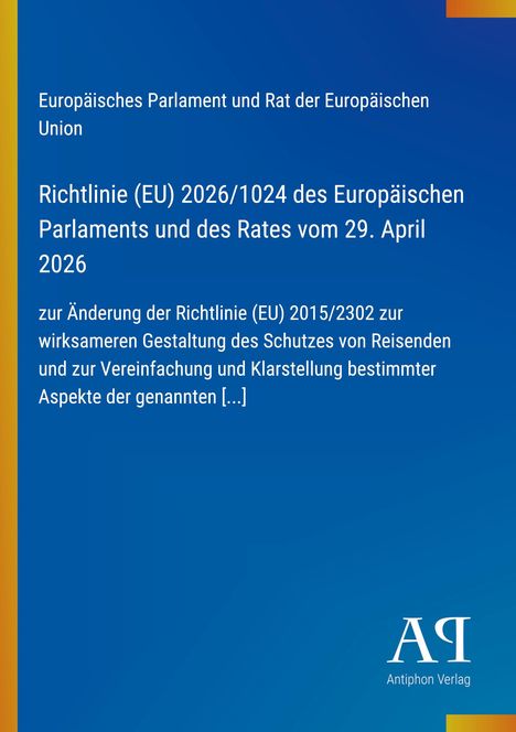 Titel: Richtlinie (EU) 2026/1024, blaue Hintergrundfarbe, Logo unten rechts von Antiphon Verlag.