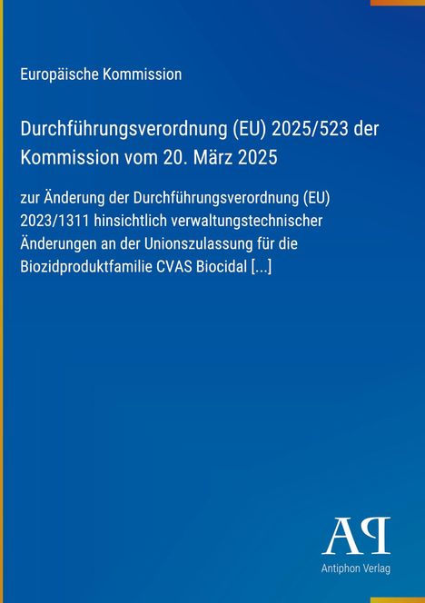 Text zu EU-Verordnung, blaue Gestaltung, unten rechts "Antiphon Verlag", dicke gelbe Linie an der linken Seite.