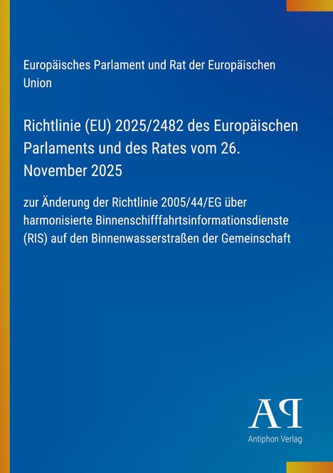 Header: Europäisches Parlament und Rat der Europäischen Union.  
Eine blaue Buchseite mit einem Logo unten.
