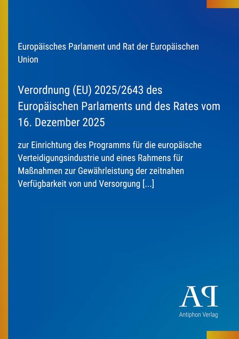Verordnung (EU) 2025/2643 vom 16. Dezember 2025; Blau mit gelbem Rand und Verlag-Logo "AQ" unten rechts.