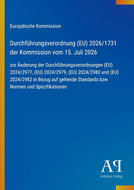 Text: „Europäische Kommission, Durchführungsverordnung (EU) 2026/1731 …“. Blaues Design mit Logo unten rechts.