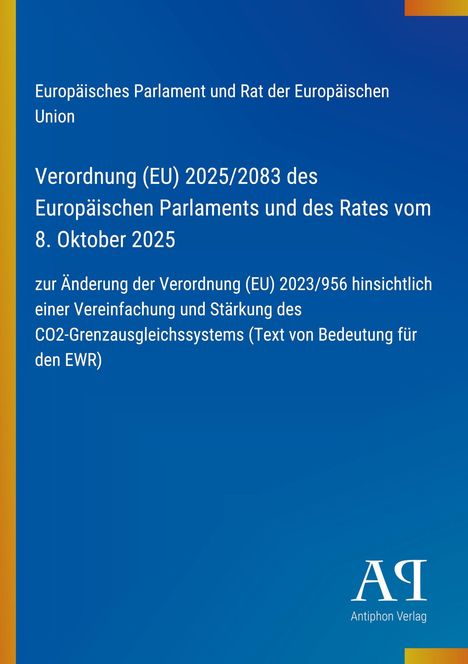 Text über EU-Verordnung zu CO2-Grenzausgleichssystem. Blaues Design mit Logo unten rechts.