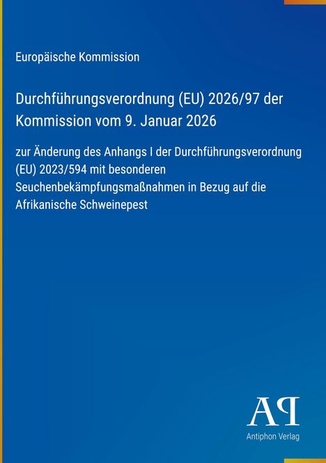 Text: "Durchführungs­verordnung (EU) 2026/97 vom 9. Januar 2026", "Afrikanische Schweinepest". Blaues Design mit Verlag-Logo.