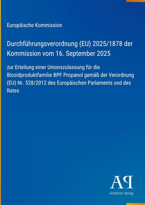 Text: "Durchführungsverordnung (EU) 2025/1878 der Kommission." Blaues Design mit gelbem Rand, unten Logo Antiphon Verlag.