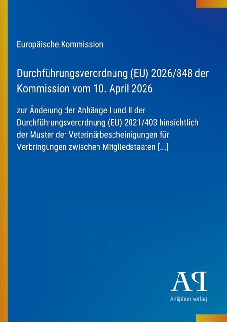 „Durchführungsverordnung (EU) 2026/848 der Kommission vom 10. April 2026.“ Blauer Hintergrund, weißer Text.