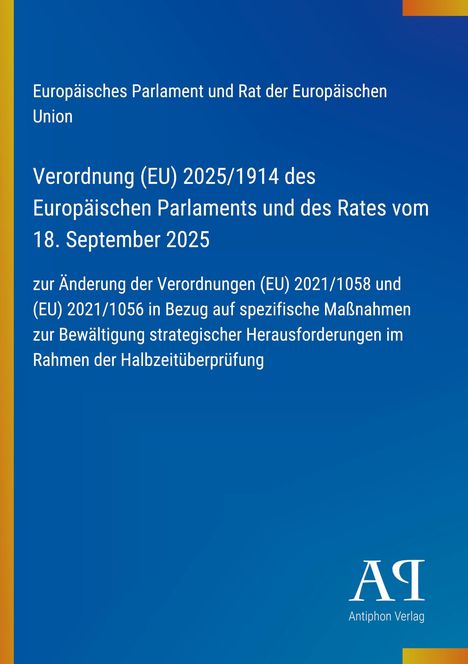 Text über EU-Verordnung auf blauem Hintergrund, unten Logo von "Antiphon Verlag". Links gelber Streifen, rechts oben bunt.