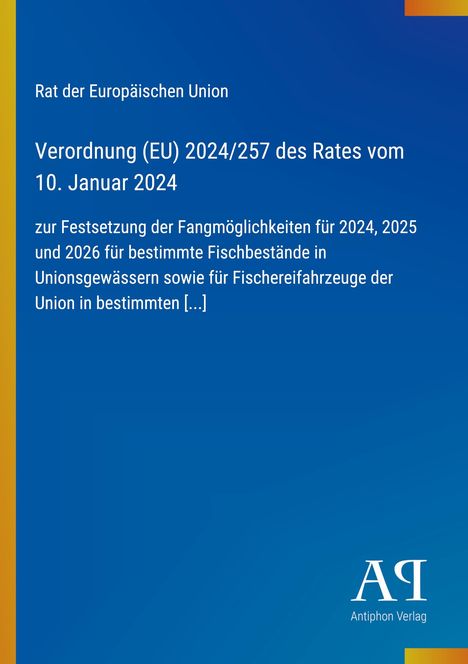 Text über EU-Verordnung zu Fangmöglichkeiten von Fischbeständen für 2024-2026. Blaues Design mit Logo unten.
