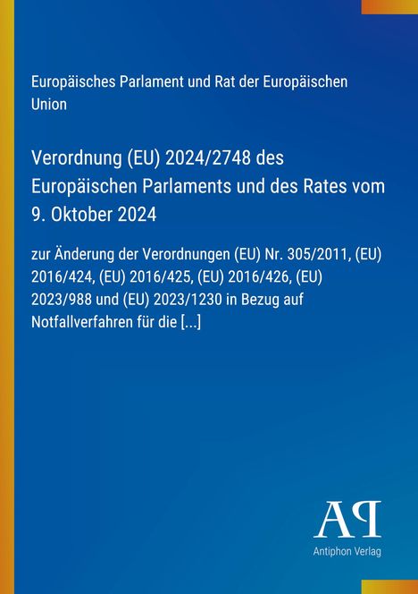 Text über EU-Verordnung 2024/2748. Blaues Design mit gelben und orangen Akzenten. Logo „AR“ unten.